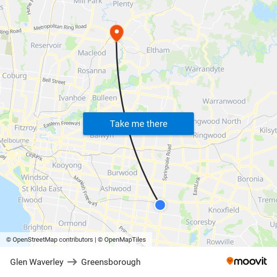 Glen Waverley to Greensborough map