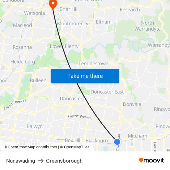 Nunawading to Greensborough map