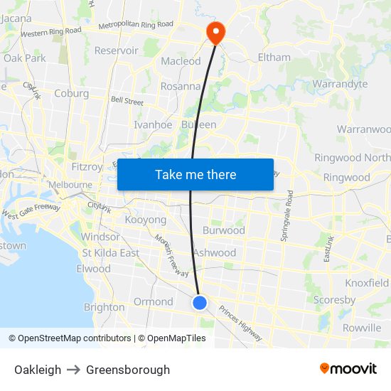 Oakleigh to Greensborough map