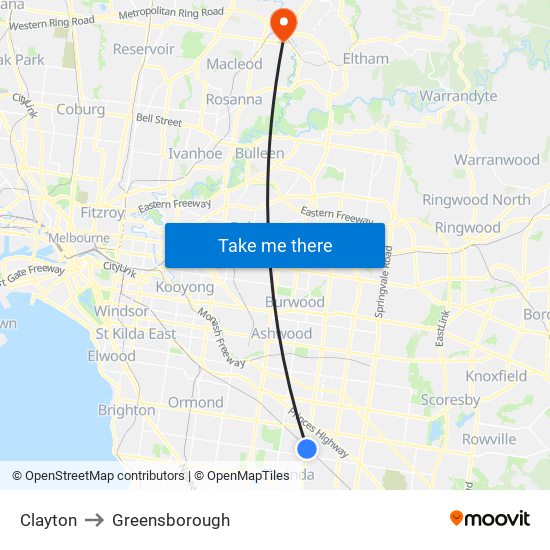 Clayton to Greensborough map