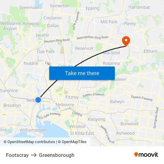 Footscray to Greensborough map