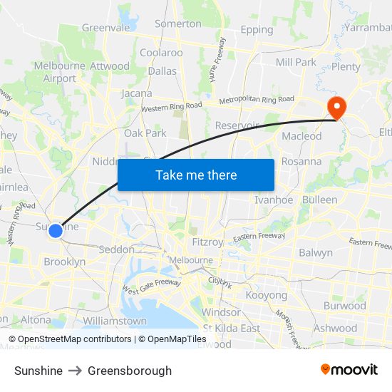 Sunshine to Greensborough map