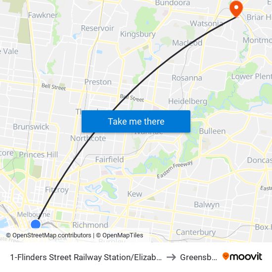 1-Flinders Street Railway Station/Elizabeth St (Melbourne City) to Greensborough map
