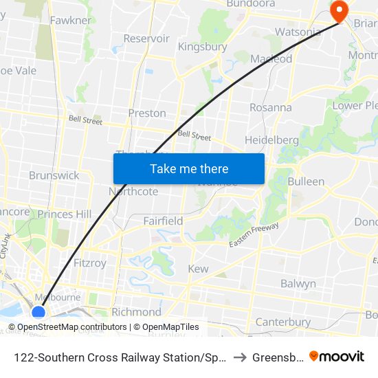 122-Southern Cross Railway Station/Spencer St (Melbourne City) to Greensborough map