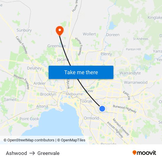 Ashwood to Greenvale map