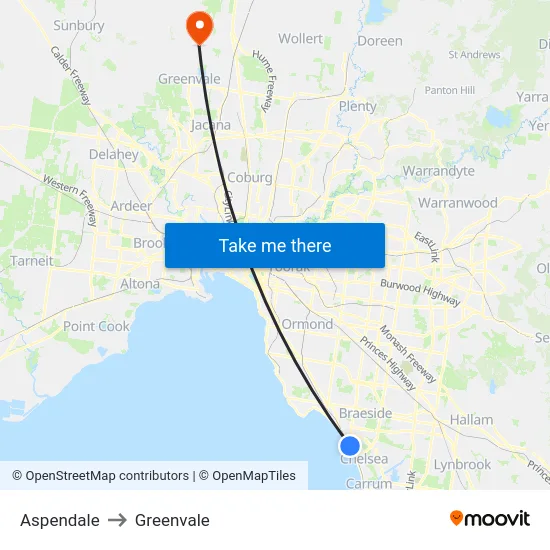 Aspendale to Greenvale map