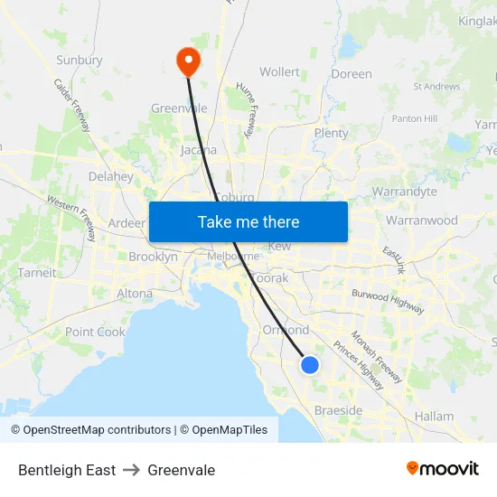 Bentleigh East to Greenvale map