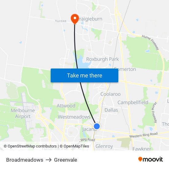 Broadmeadows to Greenvale map