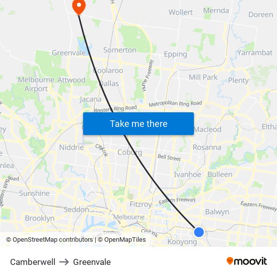 Camberwell to Greenvale map