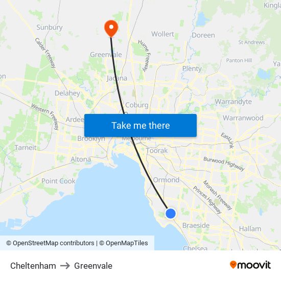 Cheltenham to Greenvale map