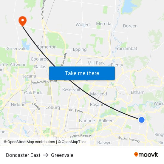 Doncaster East to Greenvale map