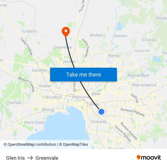 Glen Iris to Greenvale map