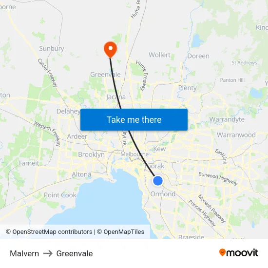 Malvern to Greenvale map