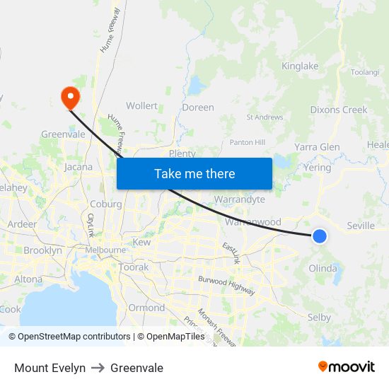 Mount Evelyn to Greenvale map