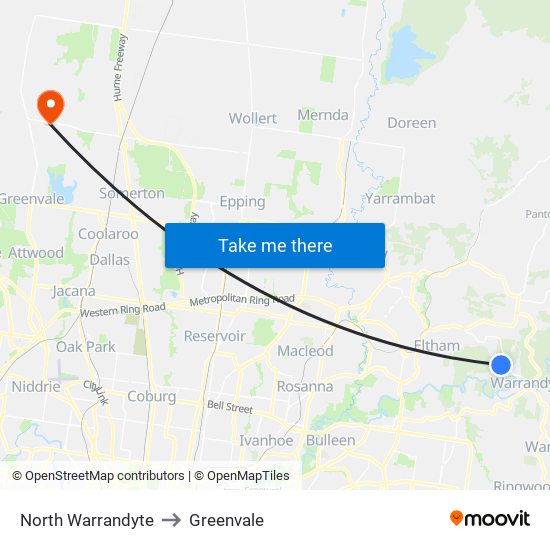 North Warrandyte to Greenvale map