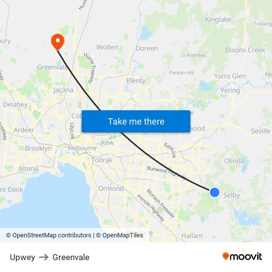 Upwey to Greenvale map