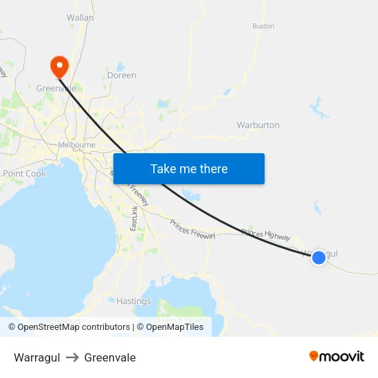 Warragul to Greenvale map