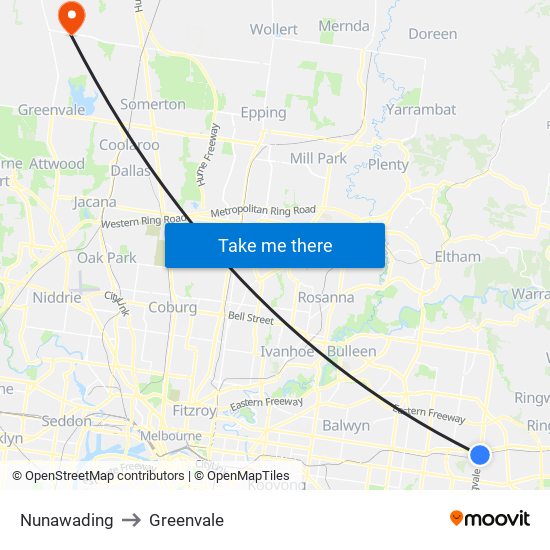 Nunawading to Greenvale map