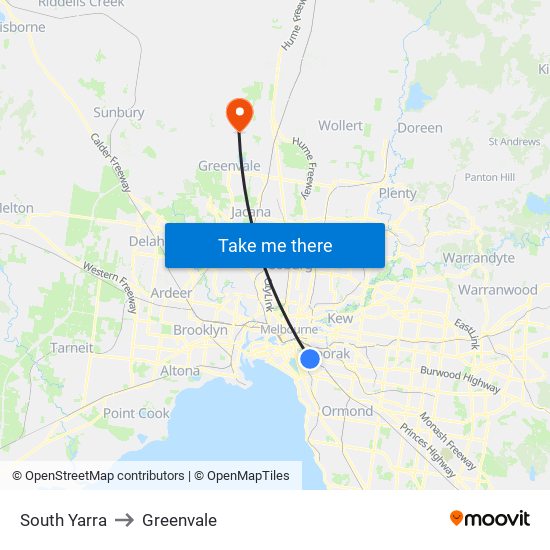 South Yarra to Greenvale map