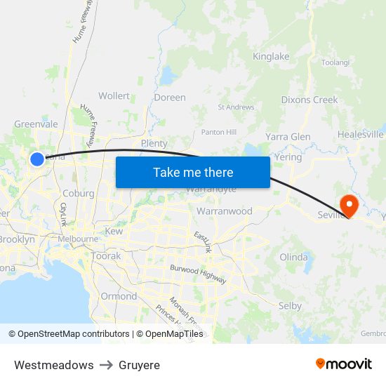 Westmeadows to Gruyere map