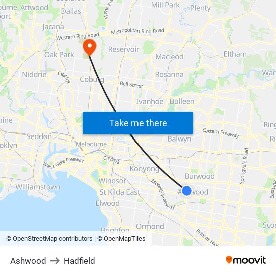 Ashwood to Hadfield map