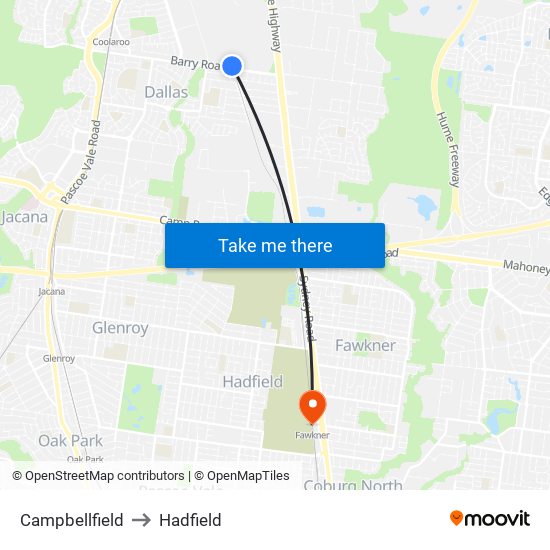 Campbellfield to Hadfield map