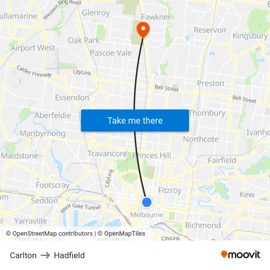 Carlton to Hadfield map