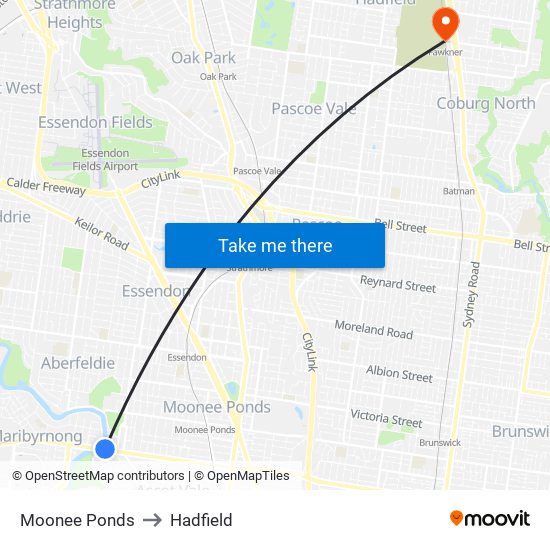 Moonee Ponds to Hadfield map