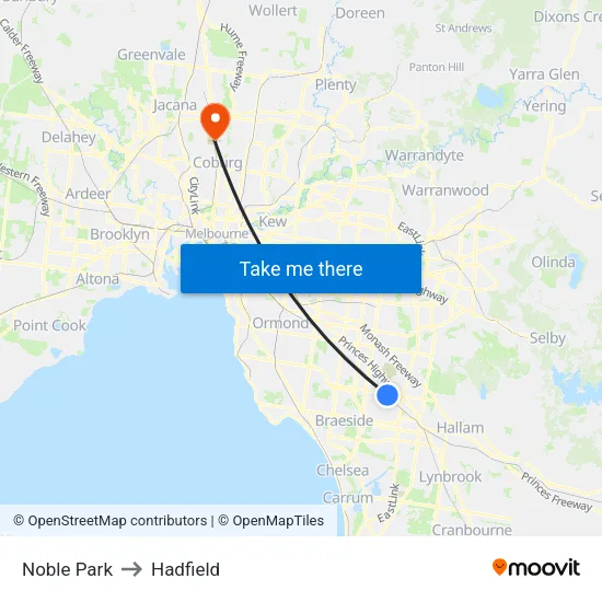 Noble Park to Hadfield map