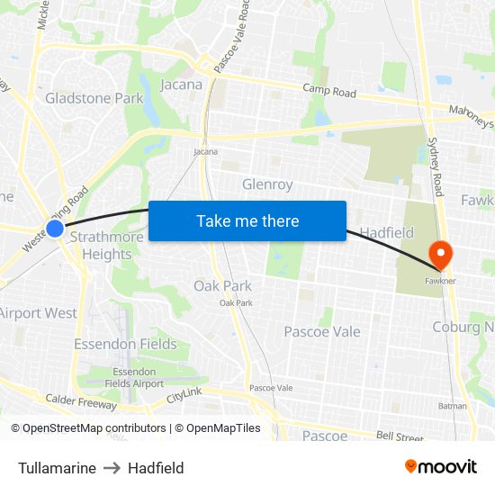 Tullamarine to Hadfield map