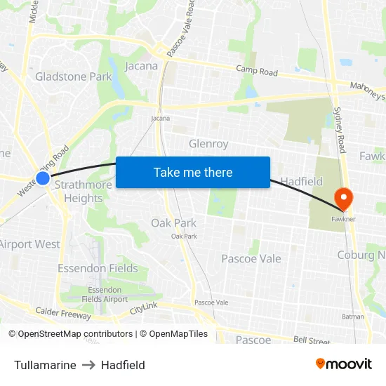 Tullamarine to Hadfield map