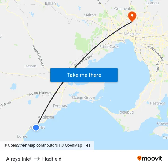 Aireys Inlet to Hadfield map