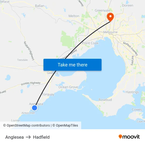 Anglesea to Hadfield map