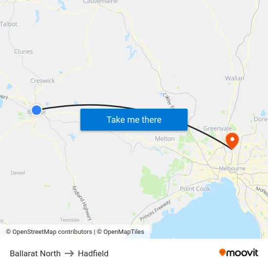 Ballarat North to Hadfield map