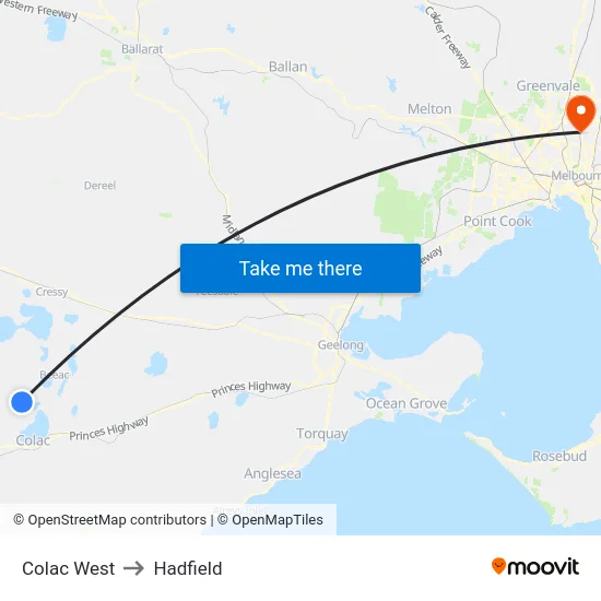 Colac West to Hadfield map