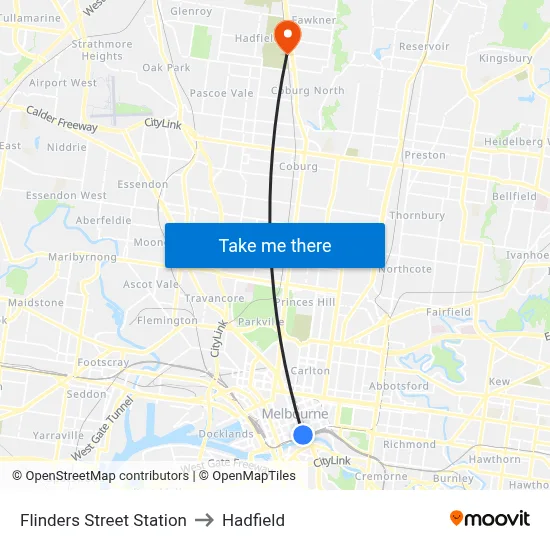 Flinders Street Station to Hadfield map
