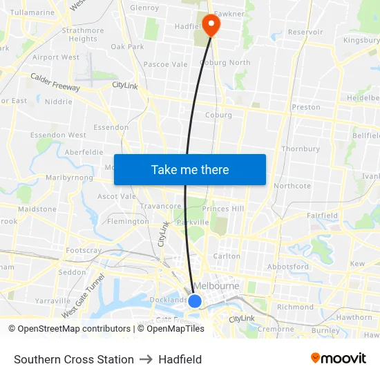 Southern Cross Station to Hadfield map