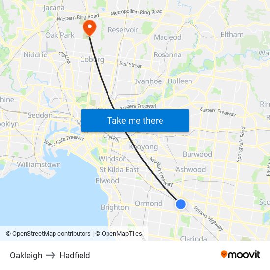 Oakleigh to Hadfield map