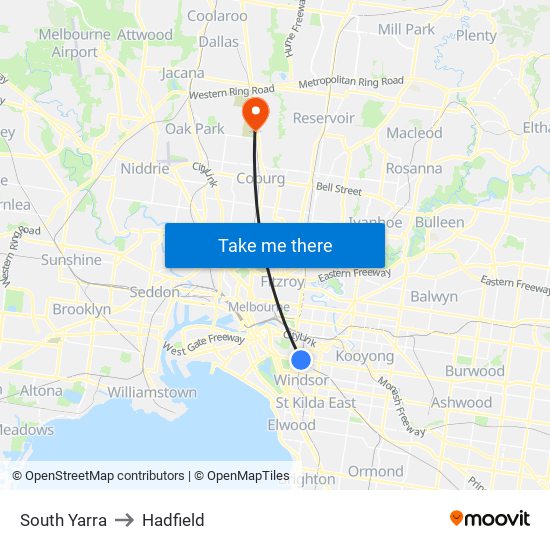 South Yarra to Hadfield map