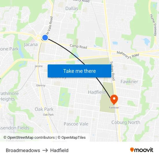 Broadmeadows to Hadfield map