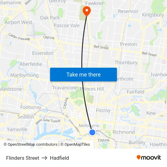 Flinders Street to Hadfield map