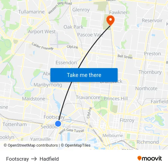 Footscray to Hadfield map