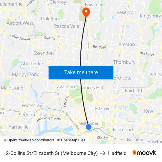 2-Collins St/Elizabeth St (Melbourne City) to Hadfield map