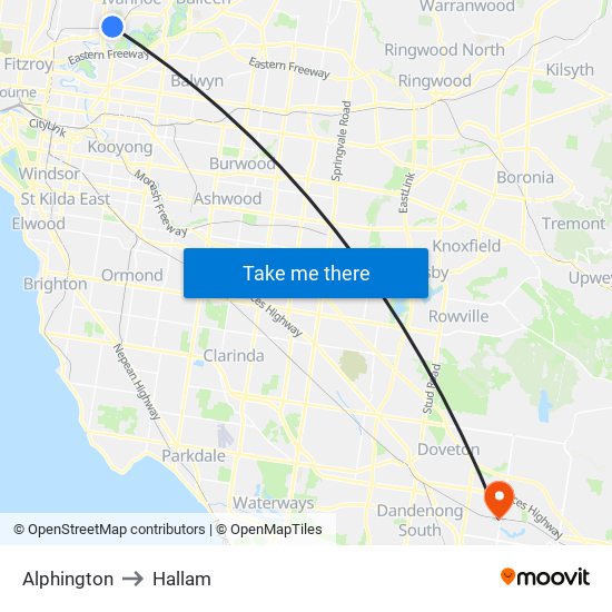 Alphington to Hallam map