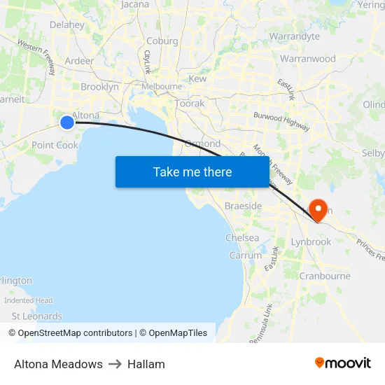 Altona Meadows to Hallam map