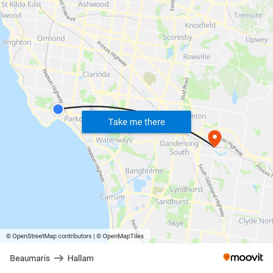 Beaumaris to Hallam map