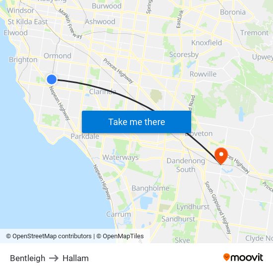 Bentleigh to Hallam map