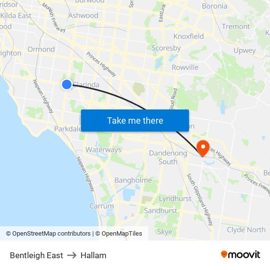 Bentleigh East to Hallam map