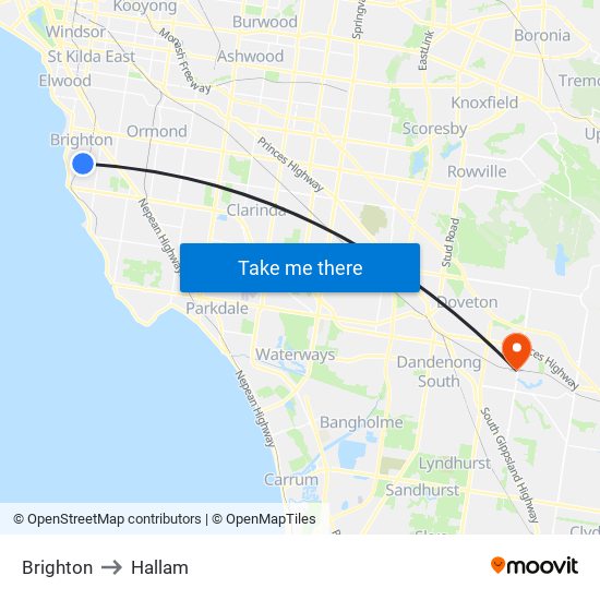 Brighton to Hallam map