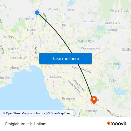 Craigieburn to Hallam map